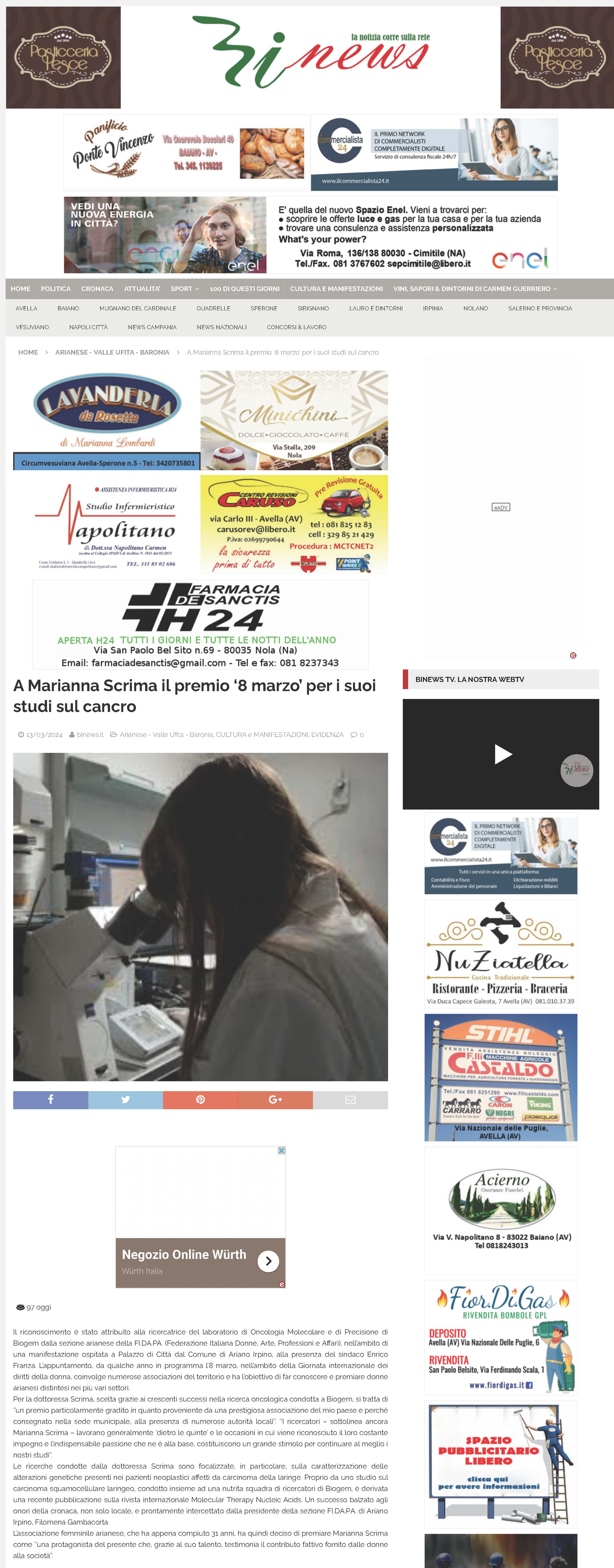 A Marianna Scrima il premio ‘8 marzo’ per i suoi studi sul cancro